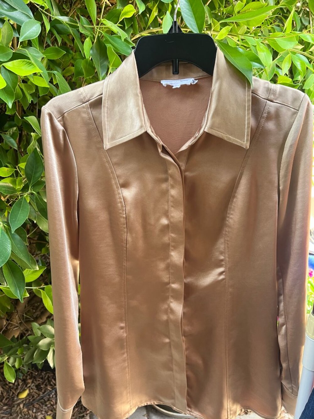 Good American Bronze Gold Satin Long Sleeve Button Down Shirt Sz 0